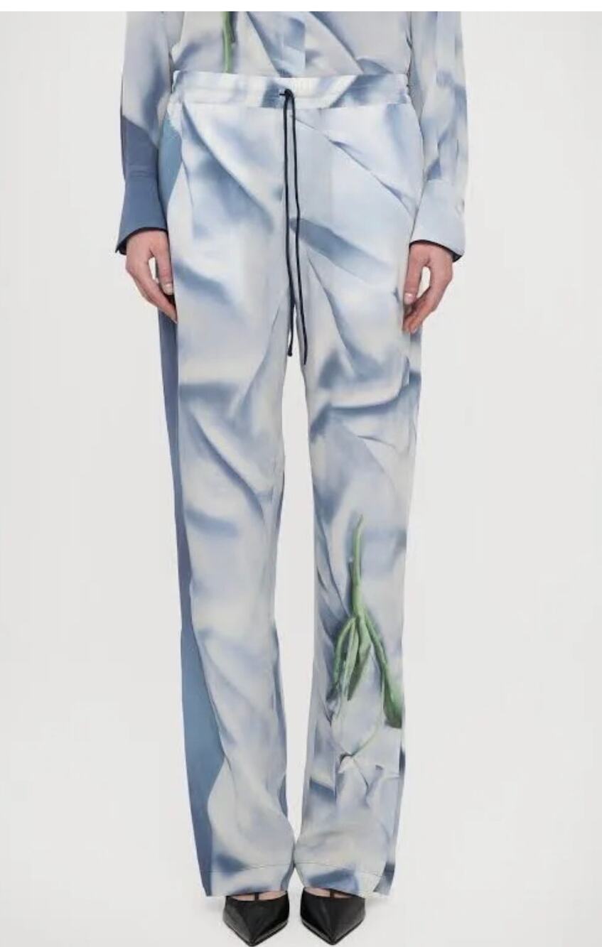 Victoria Beckham Silk Pleated Pyjama Trousers in Satin Flowers Ice Blue 8
